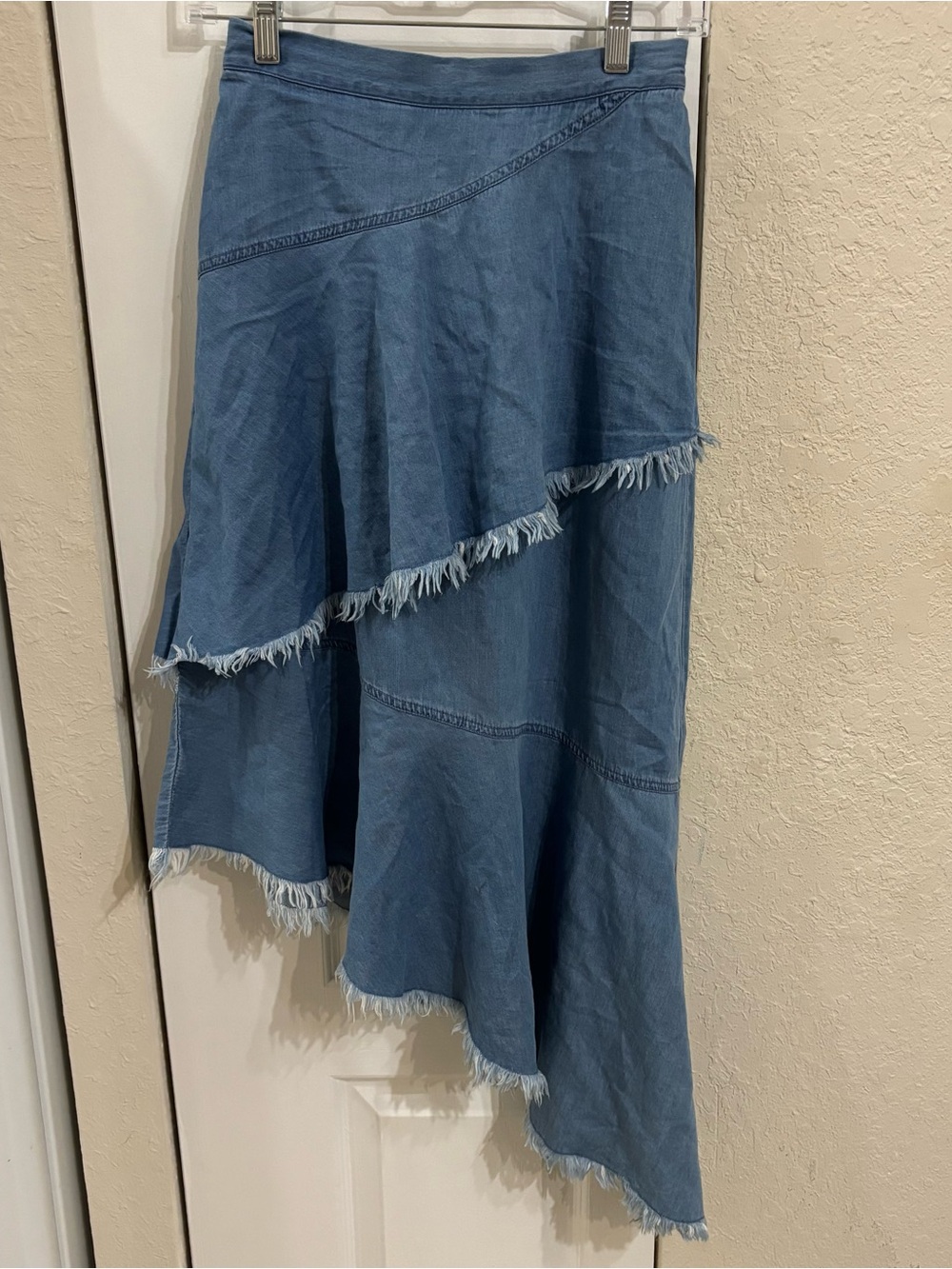 K/Lab Asymmetric Frayed Tiered Denim High Low Skirt